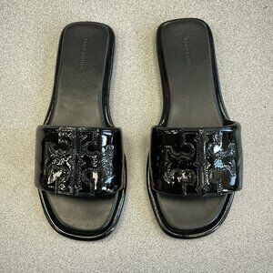 NEW Tory Burch Women's Black Patent Leather Double T Tonal Logo Sport Slides